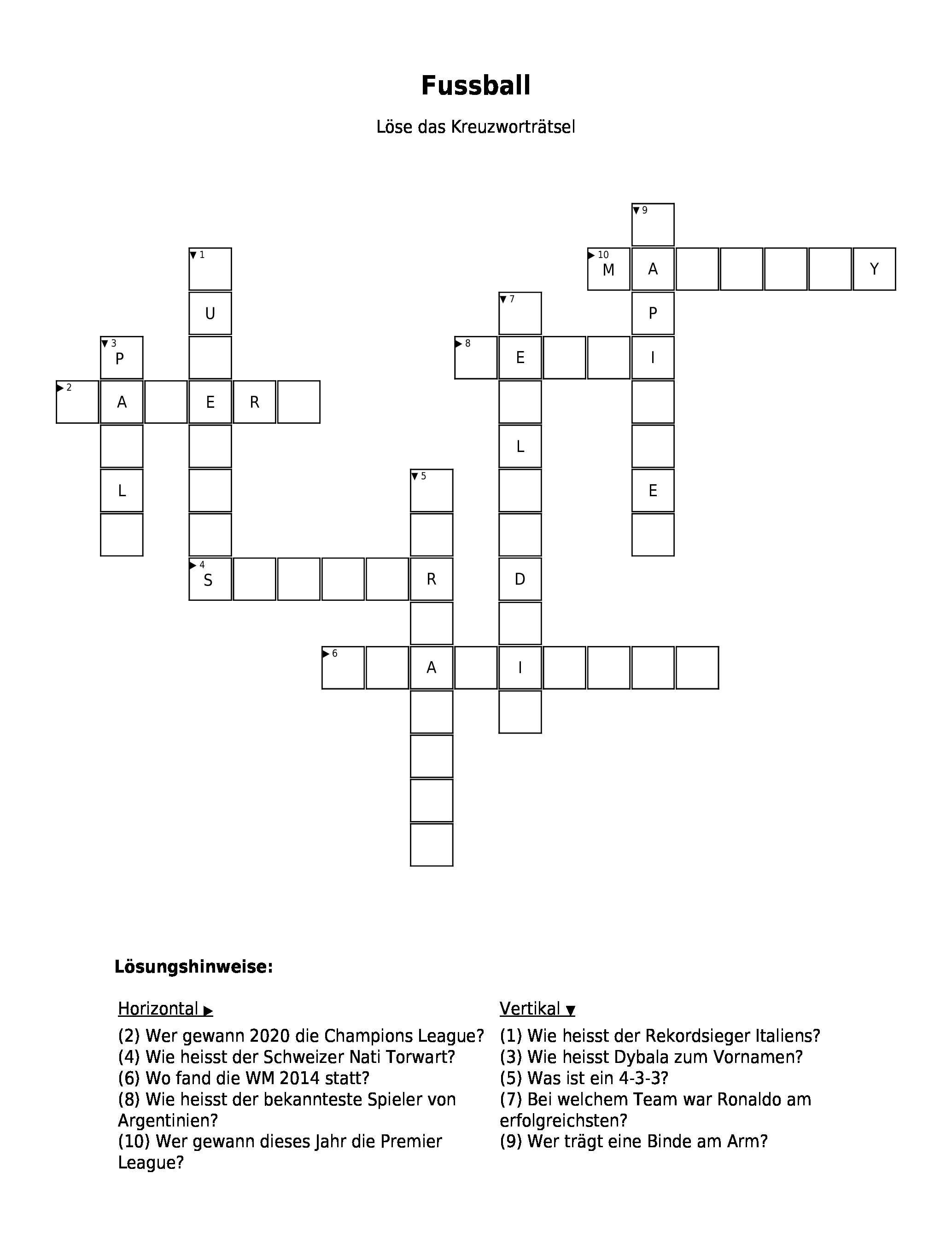 Kreuzworträtsel &ldquo;Fussball&rdquo; als PDF (Arbeitsblatt) | Schulraetsel.de