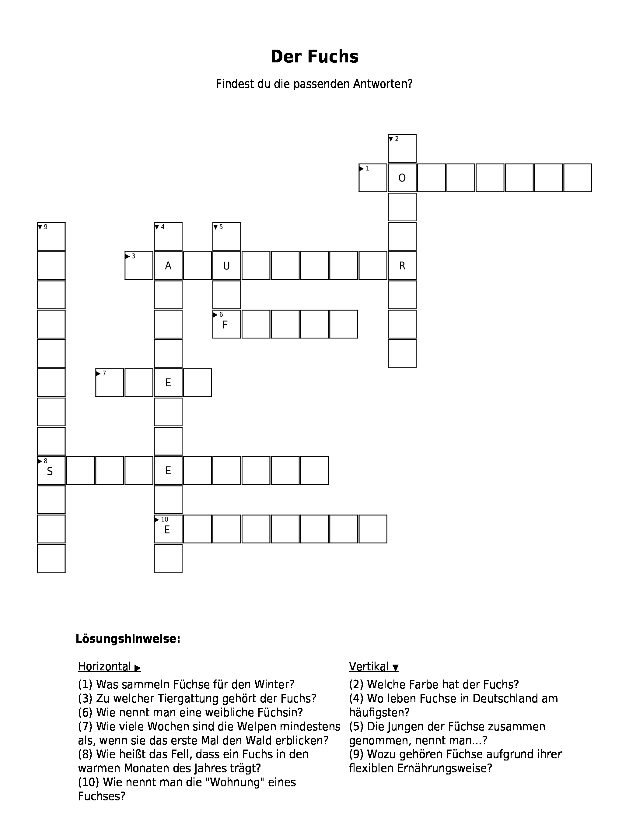 Kreuzworträtsel "Der Fuchs" als PDF (Arbeitsblatt) Schulraetsel.de