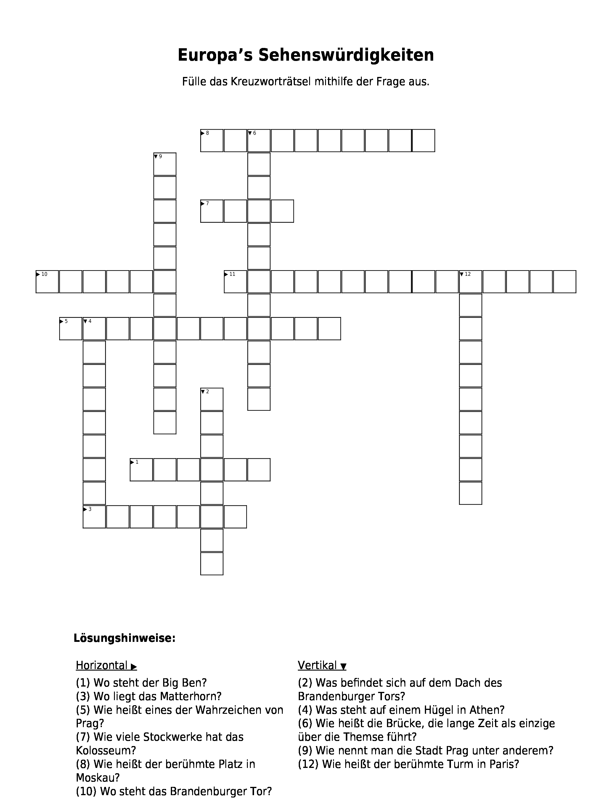 Kreuzworträtsel "Europa’s Sehenswürdigkeiten" als PDF (Arbeitsblatt