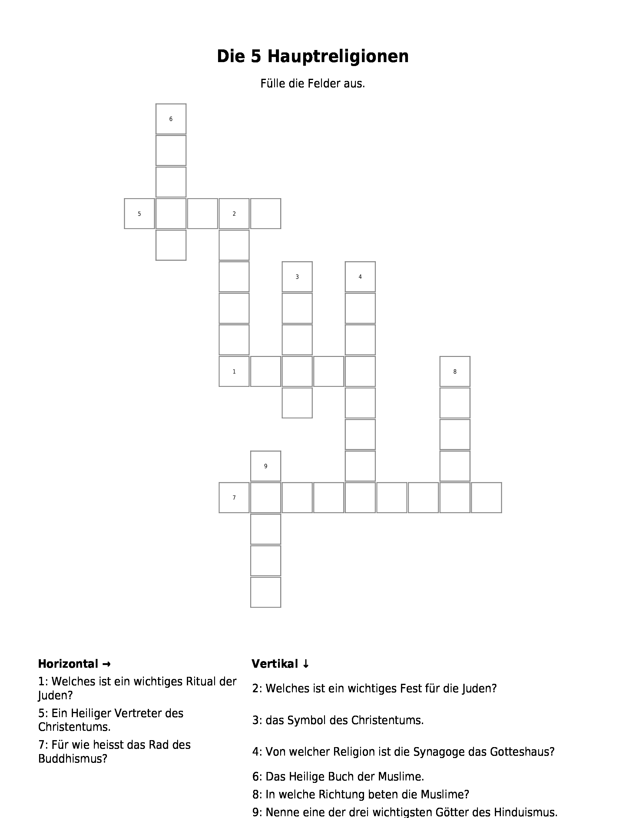 Kreuzwortratsel Die 5 Hauptreligionen Als Pdf Arbeitsblatt Schulraetsel De