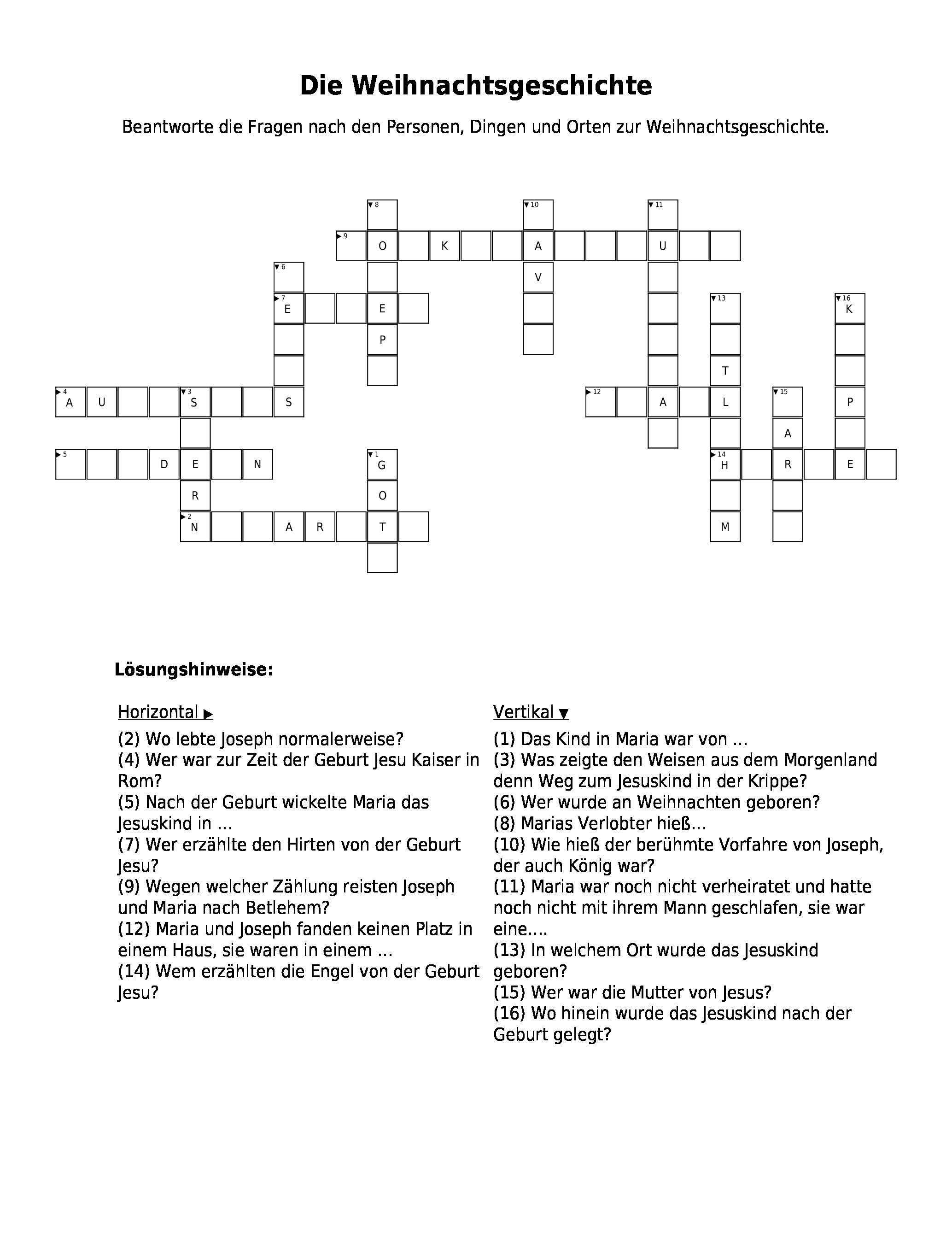 Kreuzworträtsel "Die Weihnachtsgeschichte" als PDF (Arbeitsblatt
