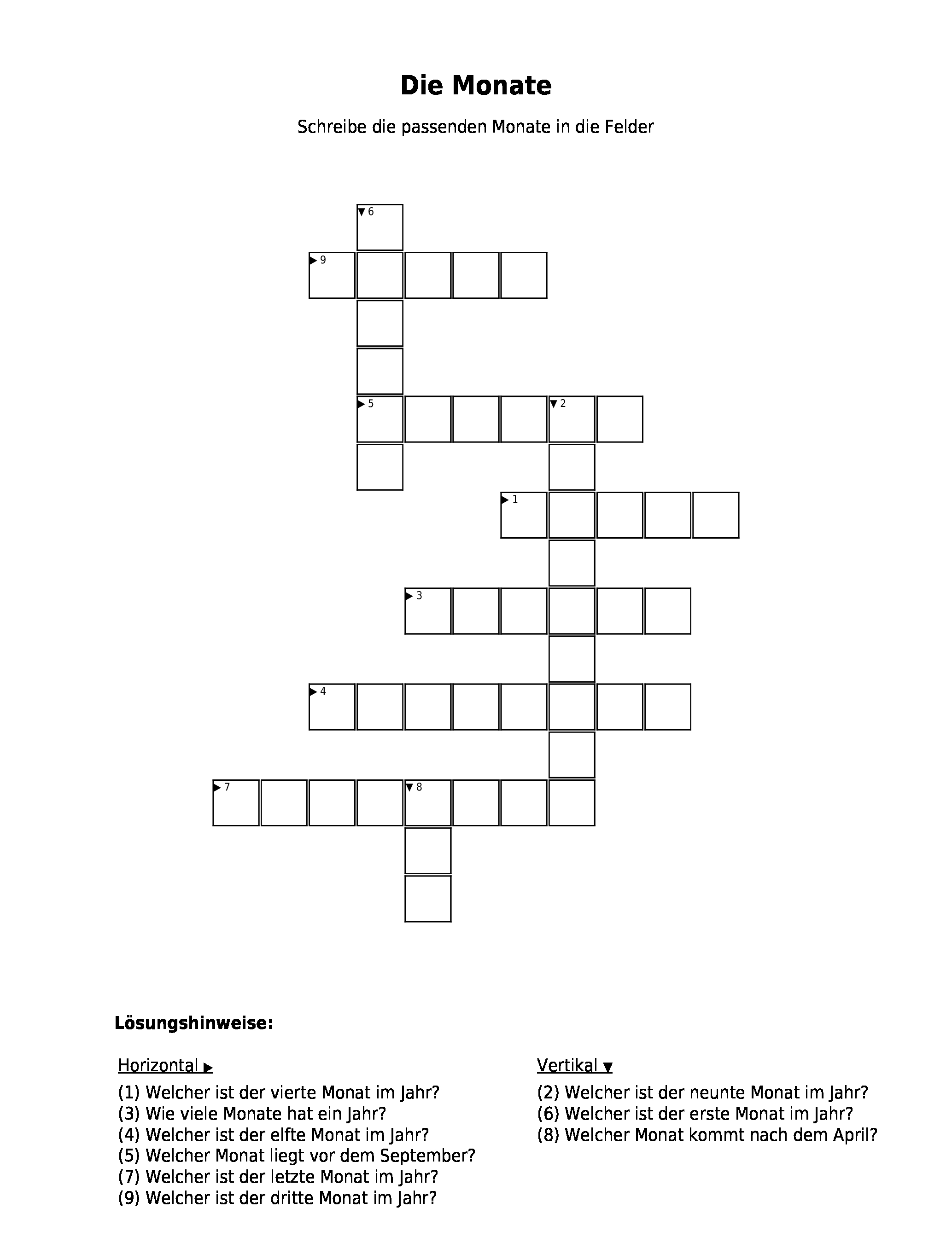 Kreuzworträtsel "Die Monate" als PDF (Arbeitsblatt) Schulraetsel.de