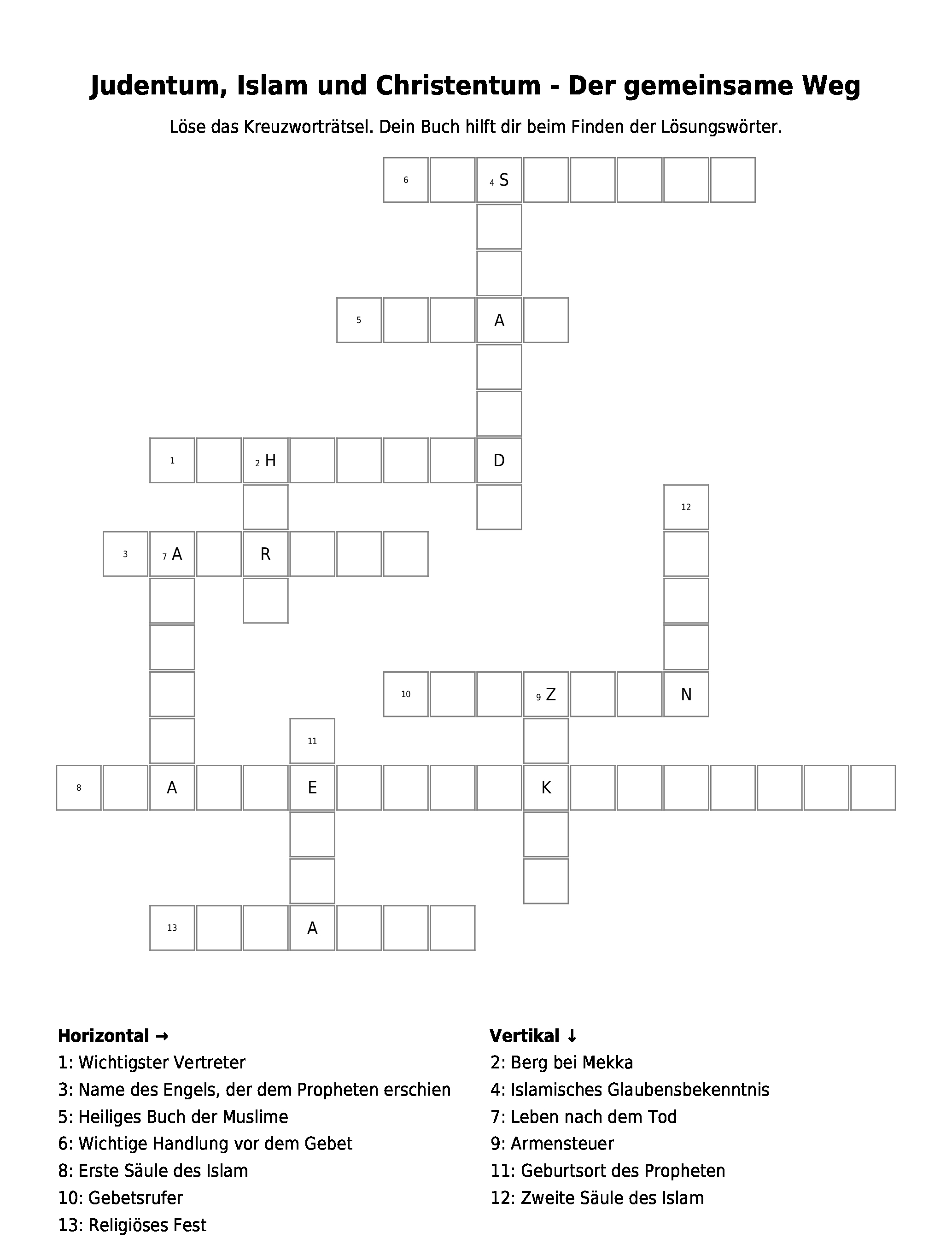 Kreuzwortratsel Judentum Islam Und Christentum Der Gemeinsame Weg Als Pdf Arbeitsblatt Schulraetsel De