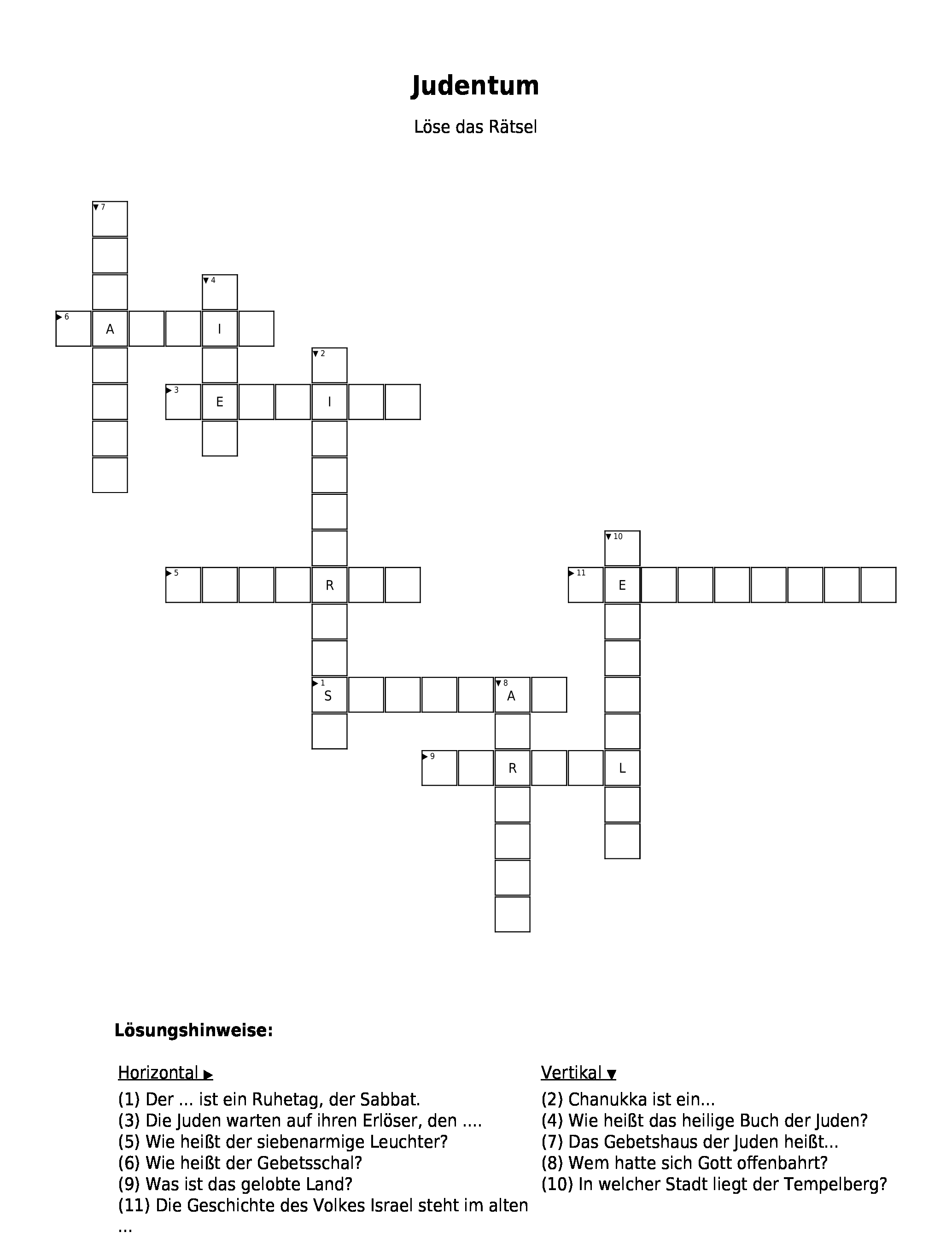 Kreuzwortratsel Judentum Als Pdf Arbeitsblatt Schulraetsel De